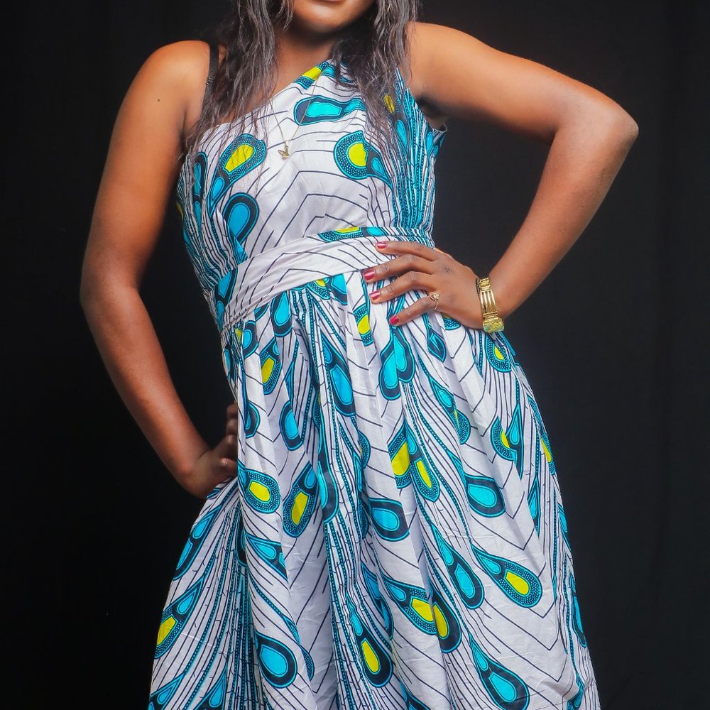 one shoulder gradient blue knee length dress African print